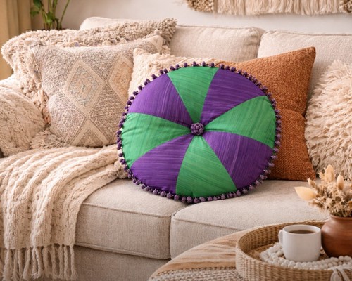Silk beaded throw pillow - beaded, round